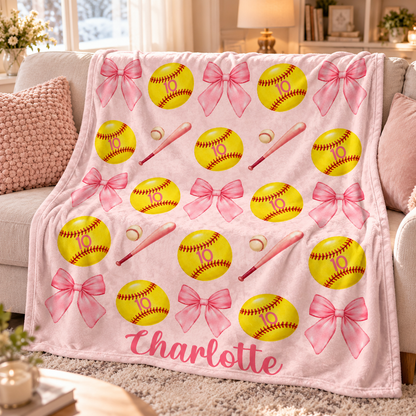 Personalized Softball Blanket for Girls - Custom Name Bow Softball Throw - Christmas Gift, Teen Athlete Gift