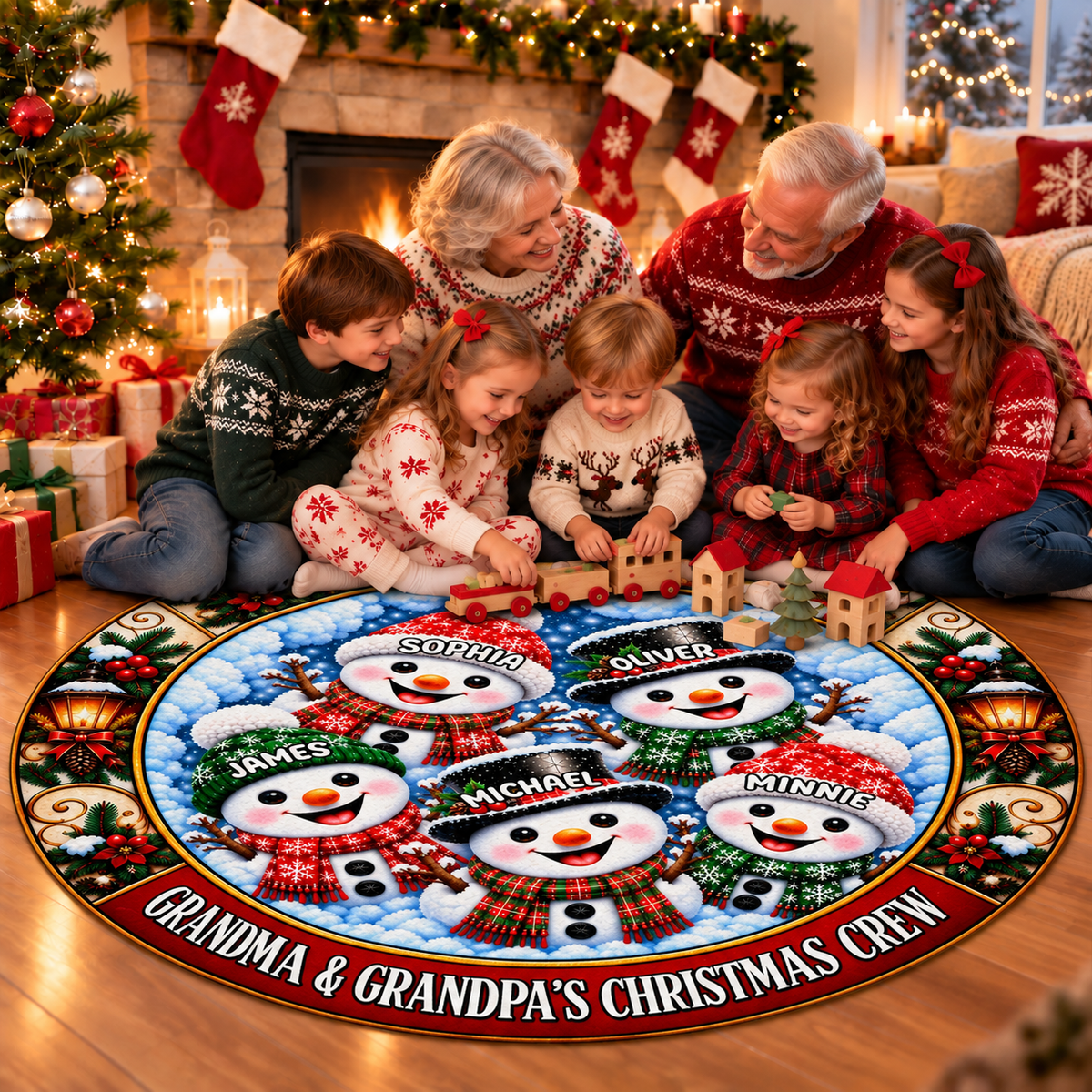 Personalized Christmas Round Rug - Snowman Christmas Crew 3D Effect Rug - Christmas Gift for Grandparents
