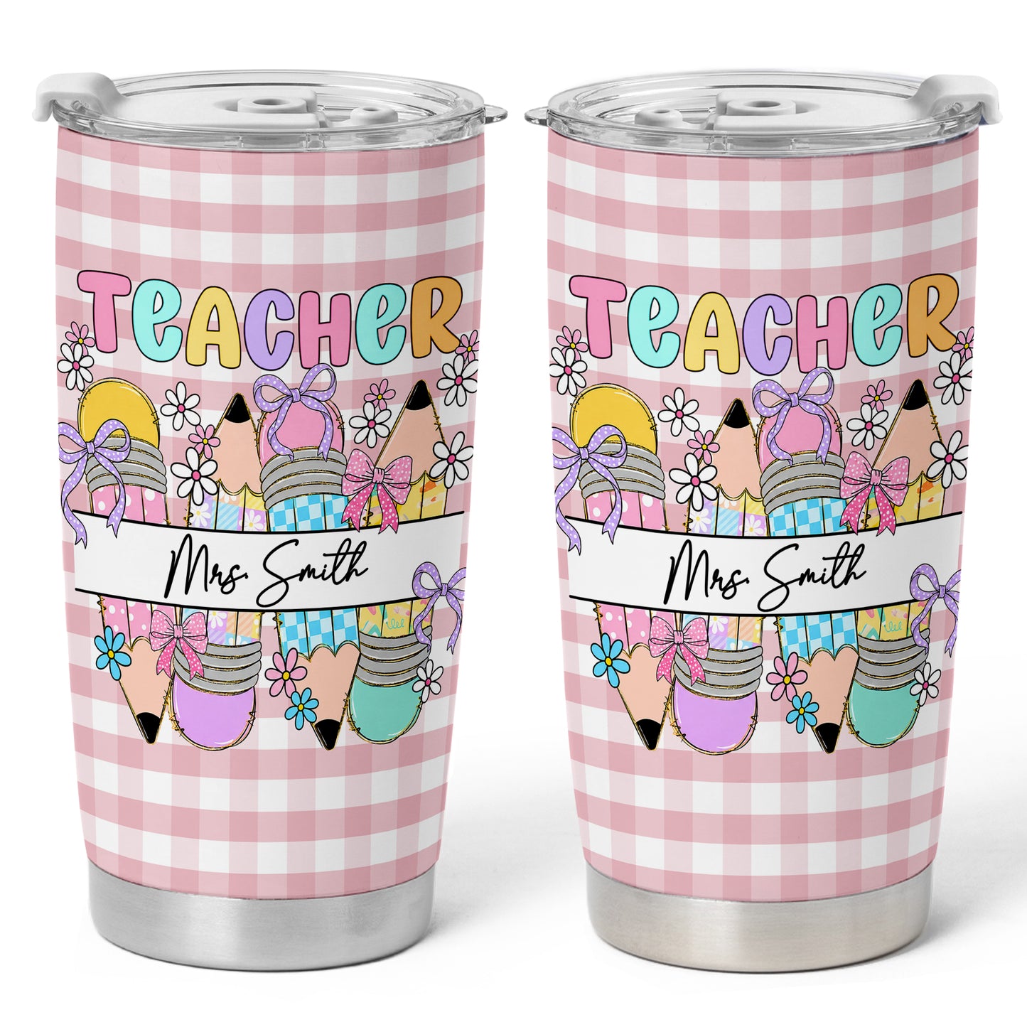 Personalized Teacher Tumbler with Custom Name, Cute Pencil Floral Travel Cup, Teacher Appreciation Gift, Back to School Teacher Gift