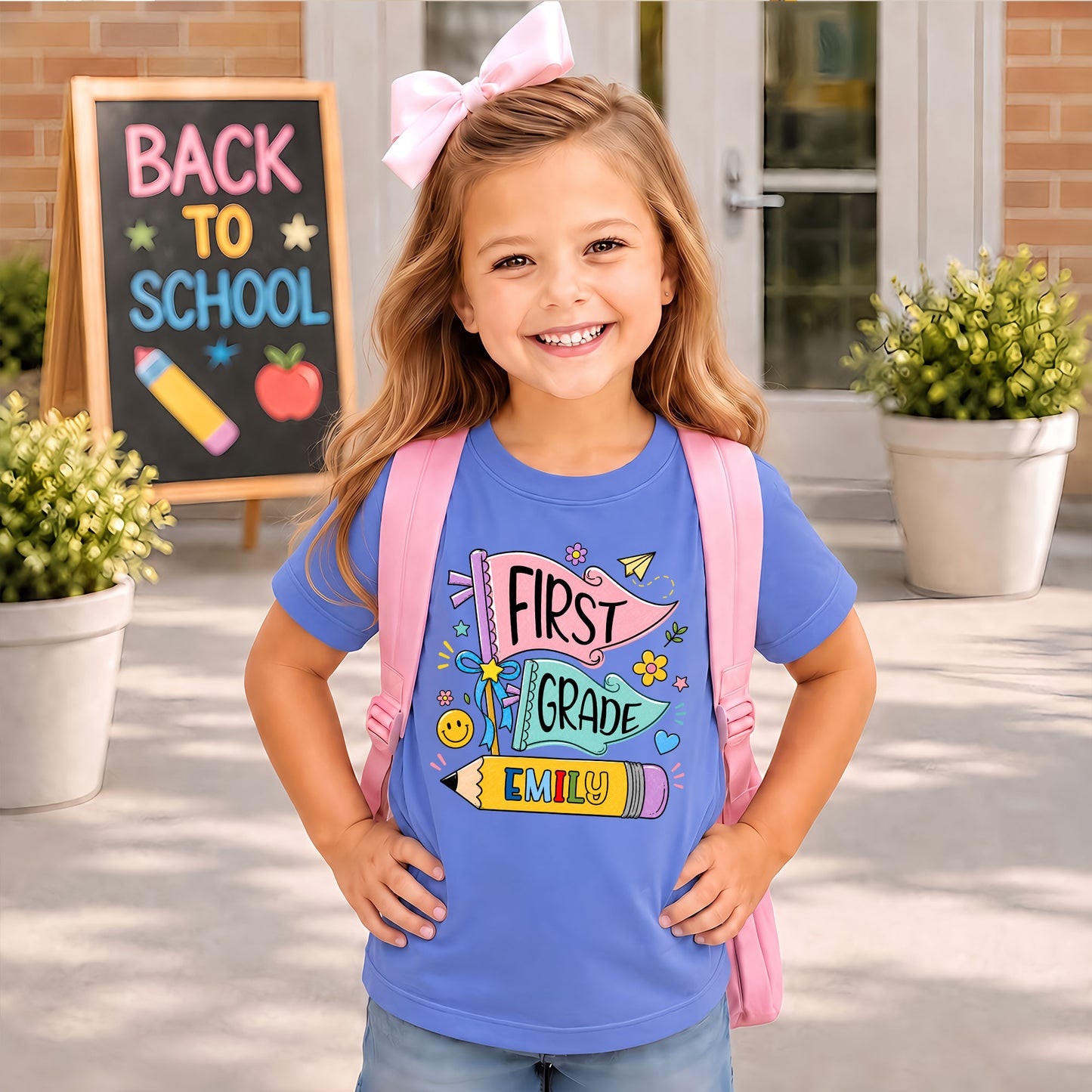 Personalized Back To School Shirt - Colorful Pennant Custom Grade & Name Kids T-Shirt - First Day of School Gift for Boys & Girls