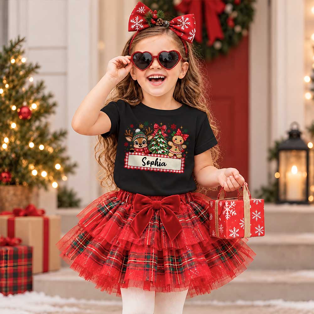 Personalized Christmas Kid T-shirt - Custom Name Reindeer Gingerbread T-shirt - Holiday Gift for Boys and Girls