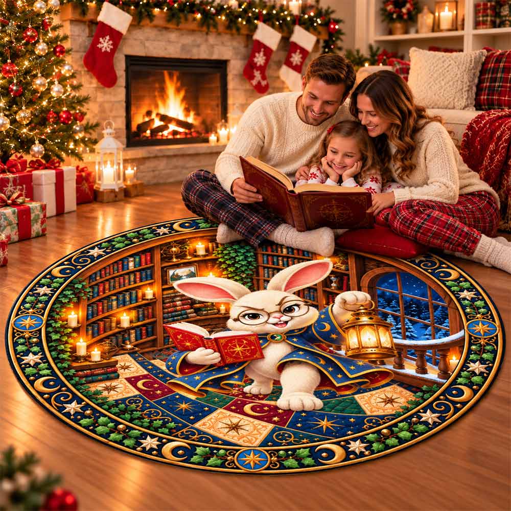 Personalized Round Rug - Fantasy Dragon Cat Dog Owl Reading In Spiral Library Rug - Book Lovers Christmas Gift