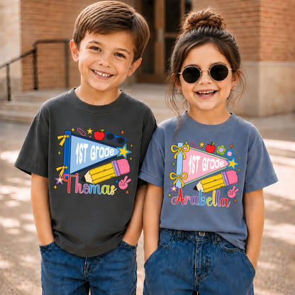 Colorful Pennant Tshirt - Custom Name & Grade Kid T-shirt - Back To School Gift for Boys & Girls