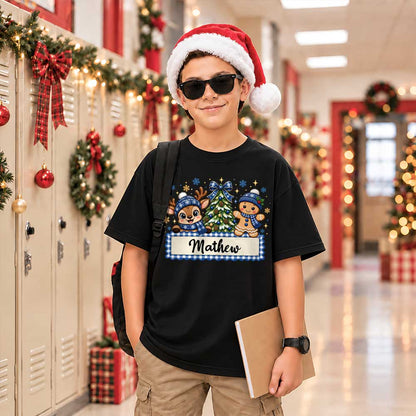 Personalized Christmas Kid T-shirt - Custom Name Reindeer Gingerbread T-shirt - Holiday Gift for Boys and Girls