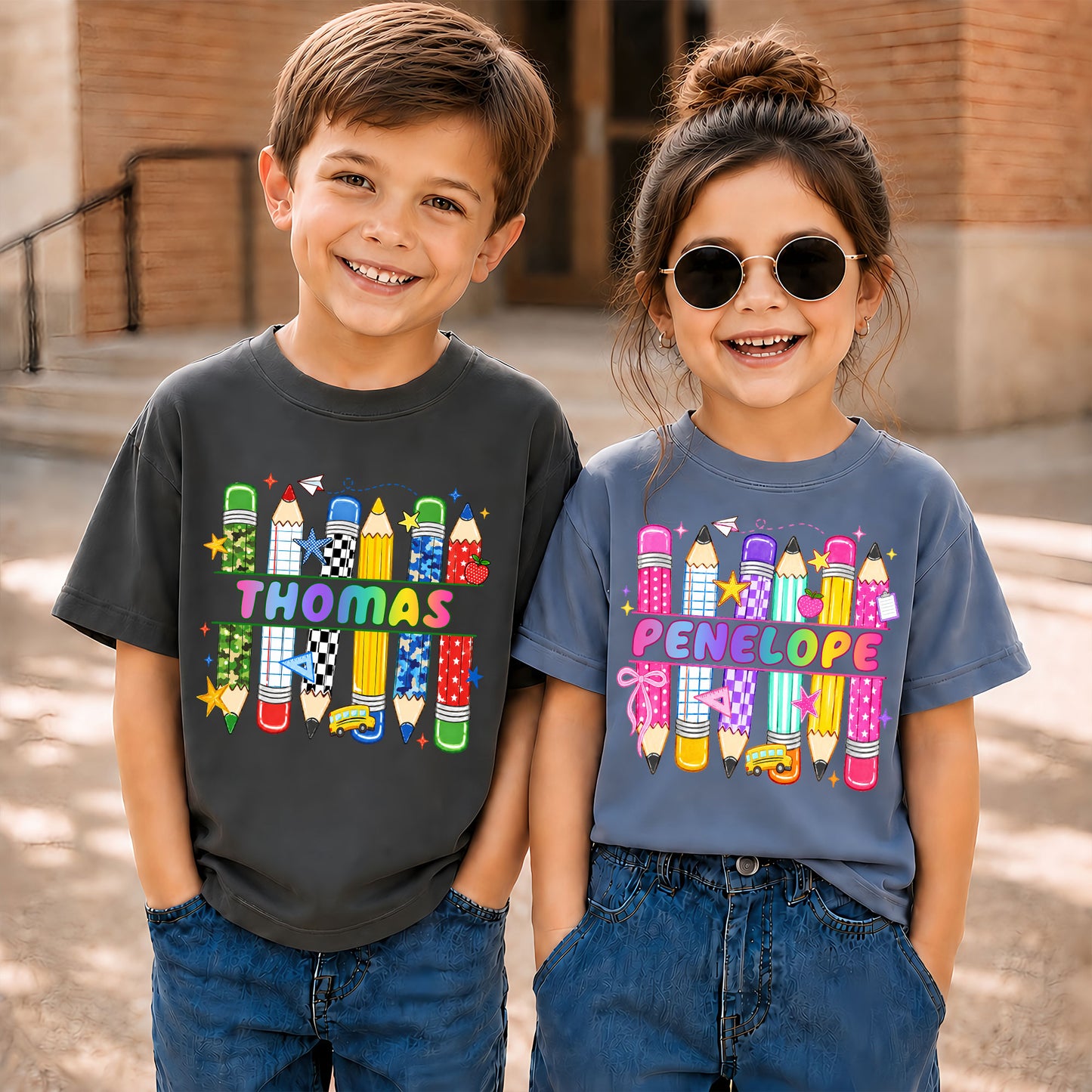 Colorful Pencil School Shirt - Custom Name Kids T-shirt - Back To School Outfit for Boys & Girls