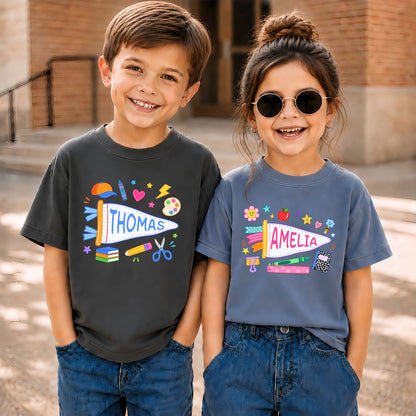 Personalized Colorful Pennant Shirt - Custom Name & Grade Kid T-shirt - Back To School Gift for Boys & Girls