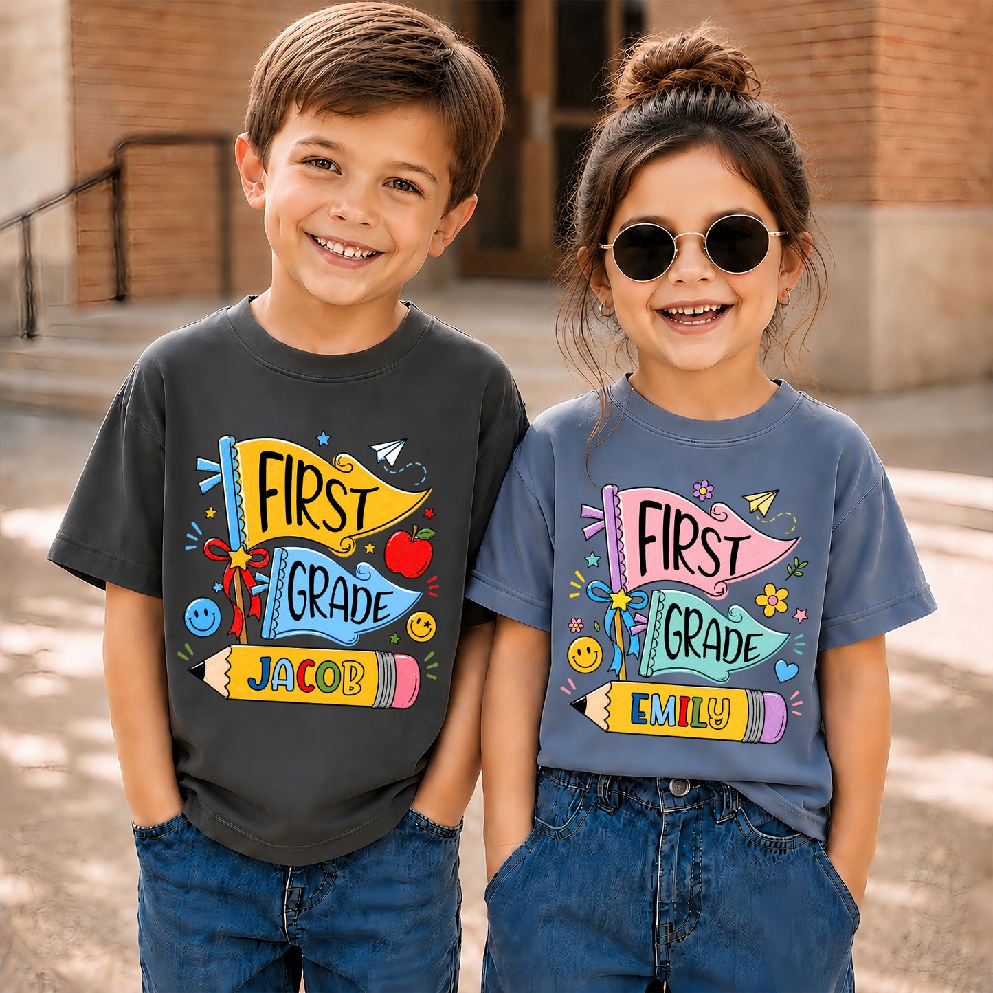 Personalized Back To School Shirt - Colorful Pennant Custom Grade & Name Kids T-Shirt - First Day of School Gift for Boys & Girls