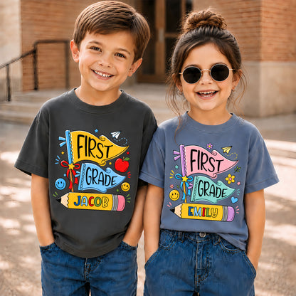 Personalized Back To School Shirt - Colorful Pennant Custom Grade & Name Kids T-Shirt - First Day of School Gift for Boys & Girls