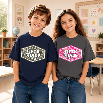 Camo School Shirt - Custom Grade & Name Kids T-Shirt - Back to School Outfit for Boys & Girls