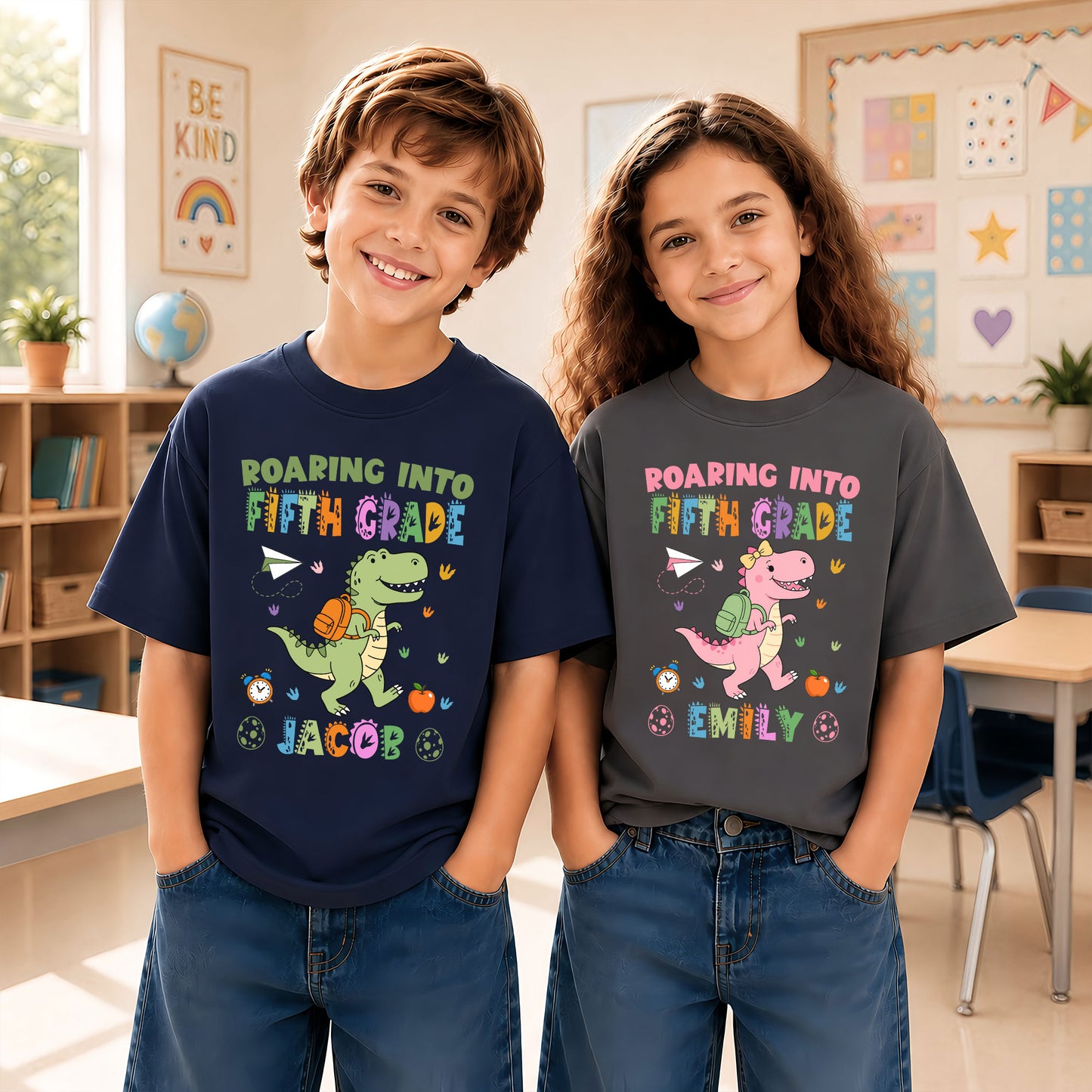 Personalized Dinosaur Tshirt - Custom Name & Grade Kid T-shirt - Back To School Gift for Boys & Girls
