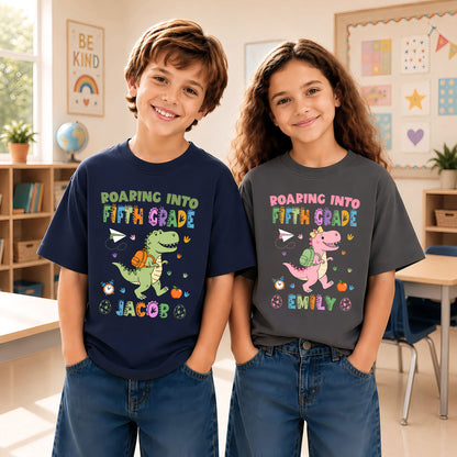 Personalized Dinosaur Tshirt - Custom Name & Grade Kid T-shirt - Back To School Gift for Boys & Girls
