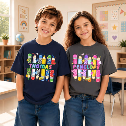 Colorful Pencil School Shirt - Custom Name Kids T-shirt - Back To School Outfit for Boys & Girls