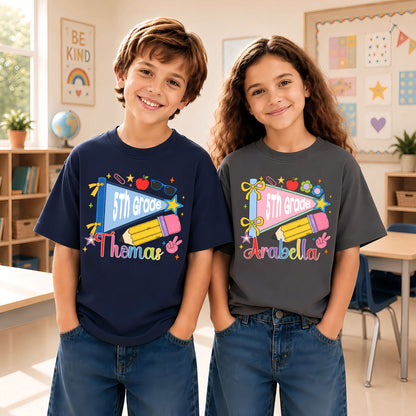 Colorful Pennant Tshirt - Custom Name & Grade Kid T-shirt - Back To School Gift for Boys & Girls