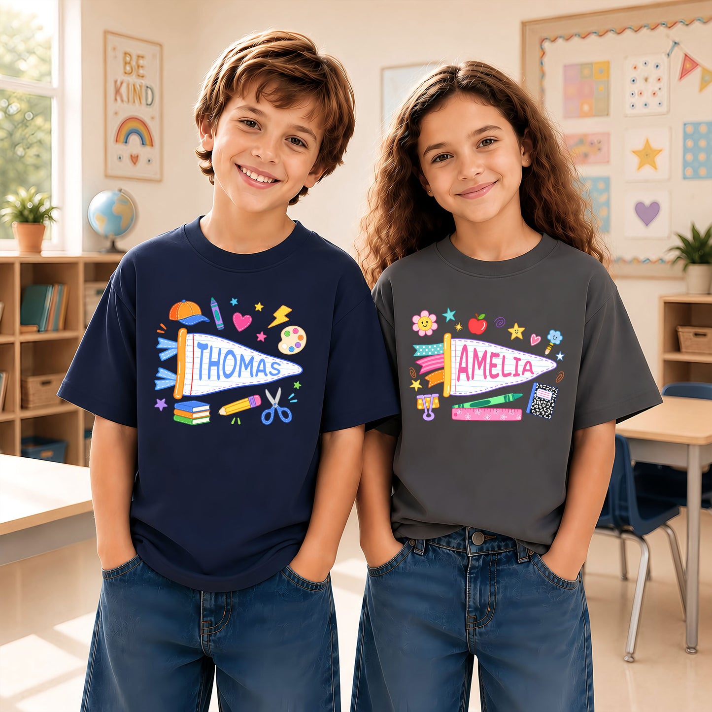 Personalized Colorful Pennant Shirt - Custom Name & Grade Kid T-shirt - Back To School Gift for Boys & Girls