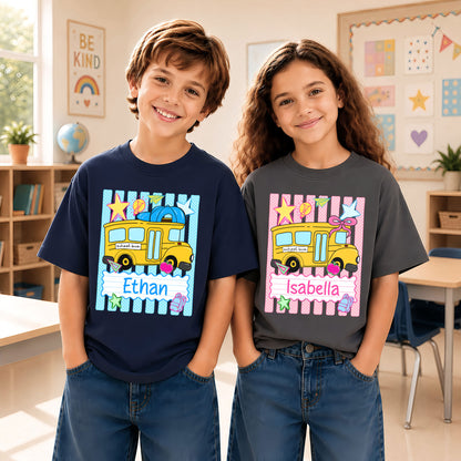 Personalized School Bus Shirt - Custom Name & Grade Kid T-shirt - Back To School Gift for Boys & Girls