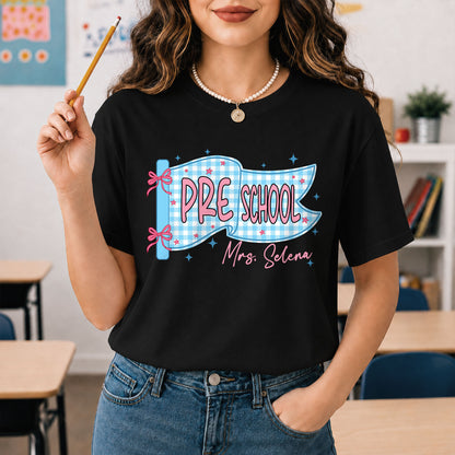 Personalized Pastel Pennant School Shirt – Custom Teacher Name & Teaching Grade - Back To School Outfit for Teachers