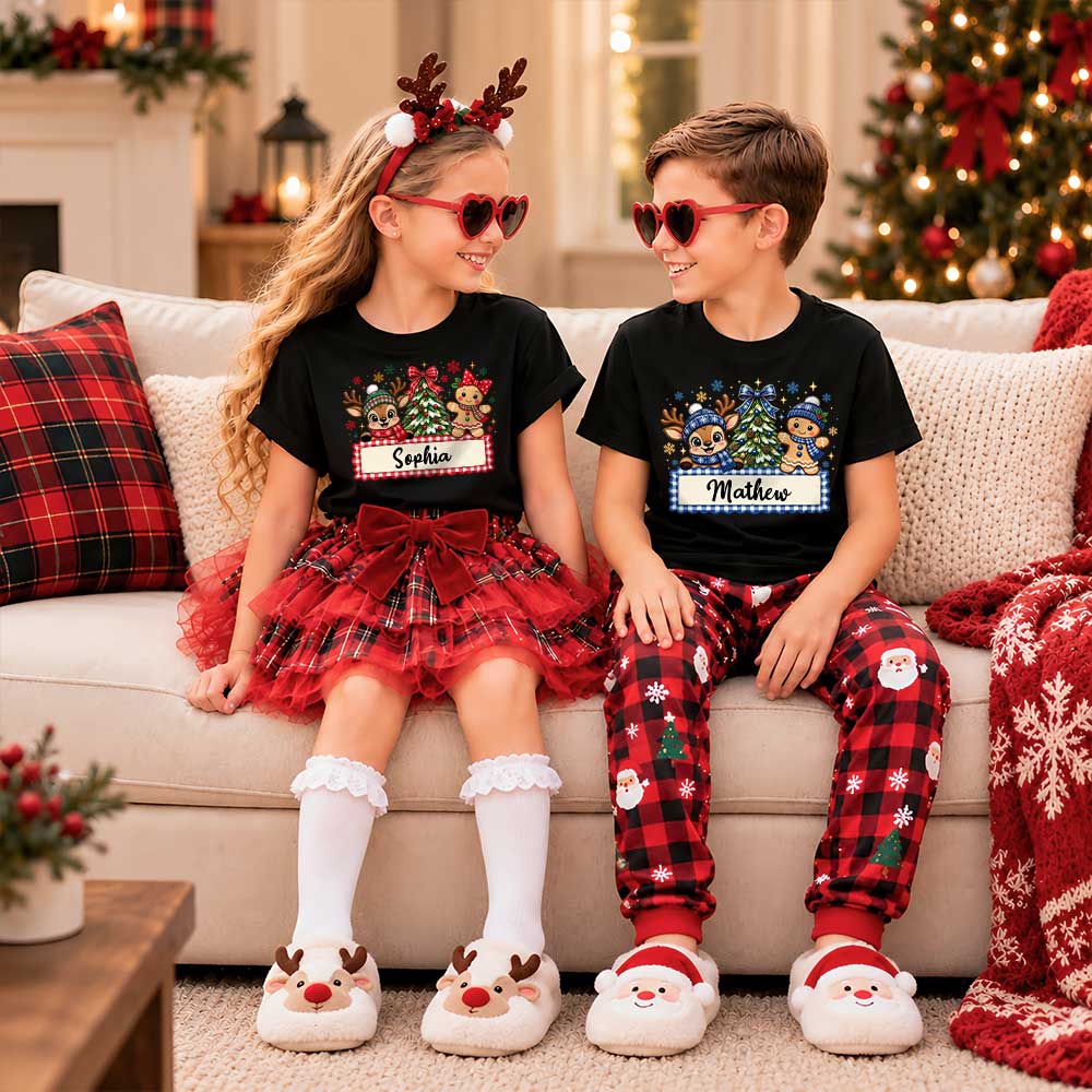 Personalized Christmas Kid T-shirt - Custom Name Reindeer Gingerbread T-shirt - Holiday Gift for Boys and Girls