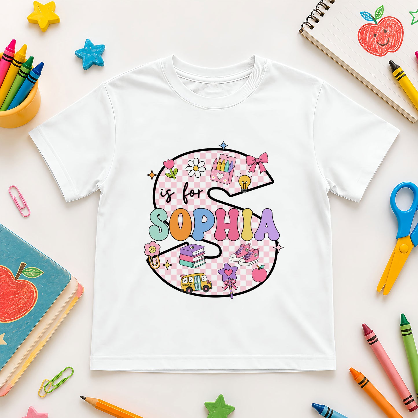 Pastel Alphabet School Shirt - Custom Name & Grade Kids T-Shirt - Back To School Gift for Girls
