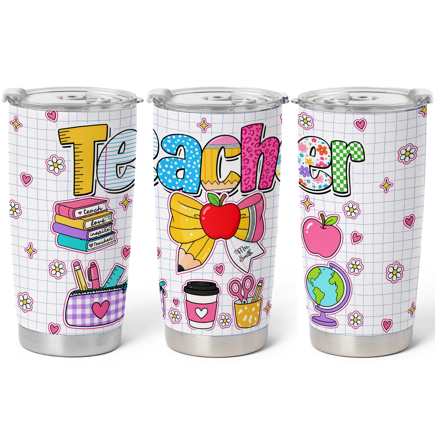 Personalized Teacher Tumbler with Custom Name, Cute Pencil Floral Travel Cup, Teacher Appreciation Gift, Back to School Teacher Gift