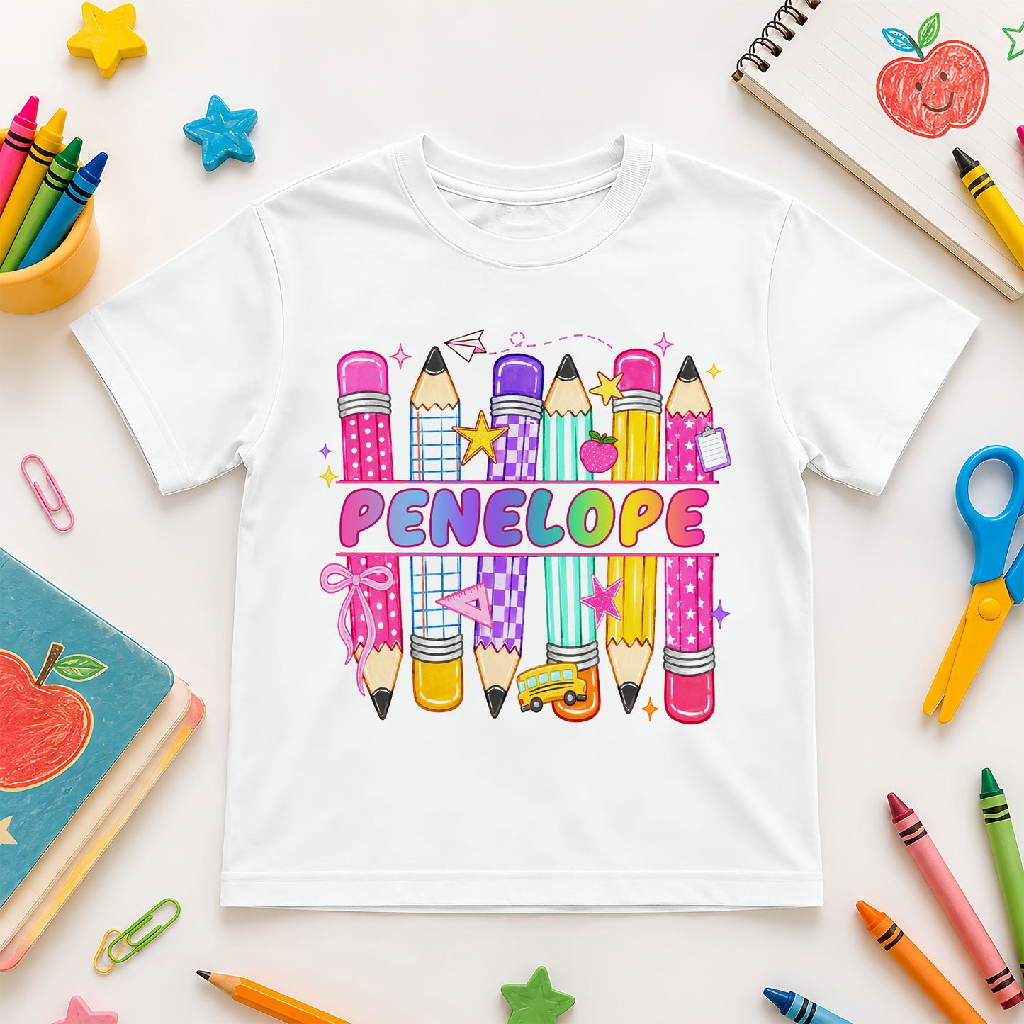 Colorful Pencil School Shirt - Custom Name Kids T-shirt - Back To School Outfit for Boys & Girls