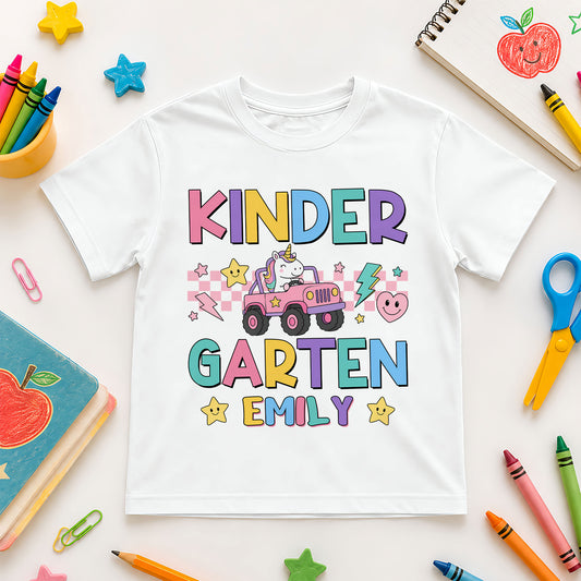 Personalized Pastel Unicorn School Tshirt - Custom Name & Grade Kids T-Shirt - Back To School Gift for Girls