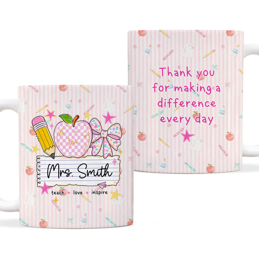 Personalized Teach Love Inspire Teacher Mug with Custom Name, Teacher Appreciation Coffee Mug, Thank You Teacher Gift, Back to School Gift