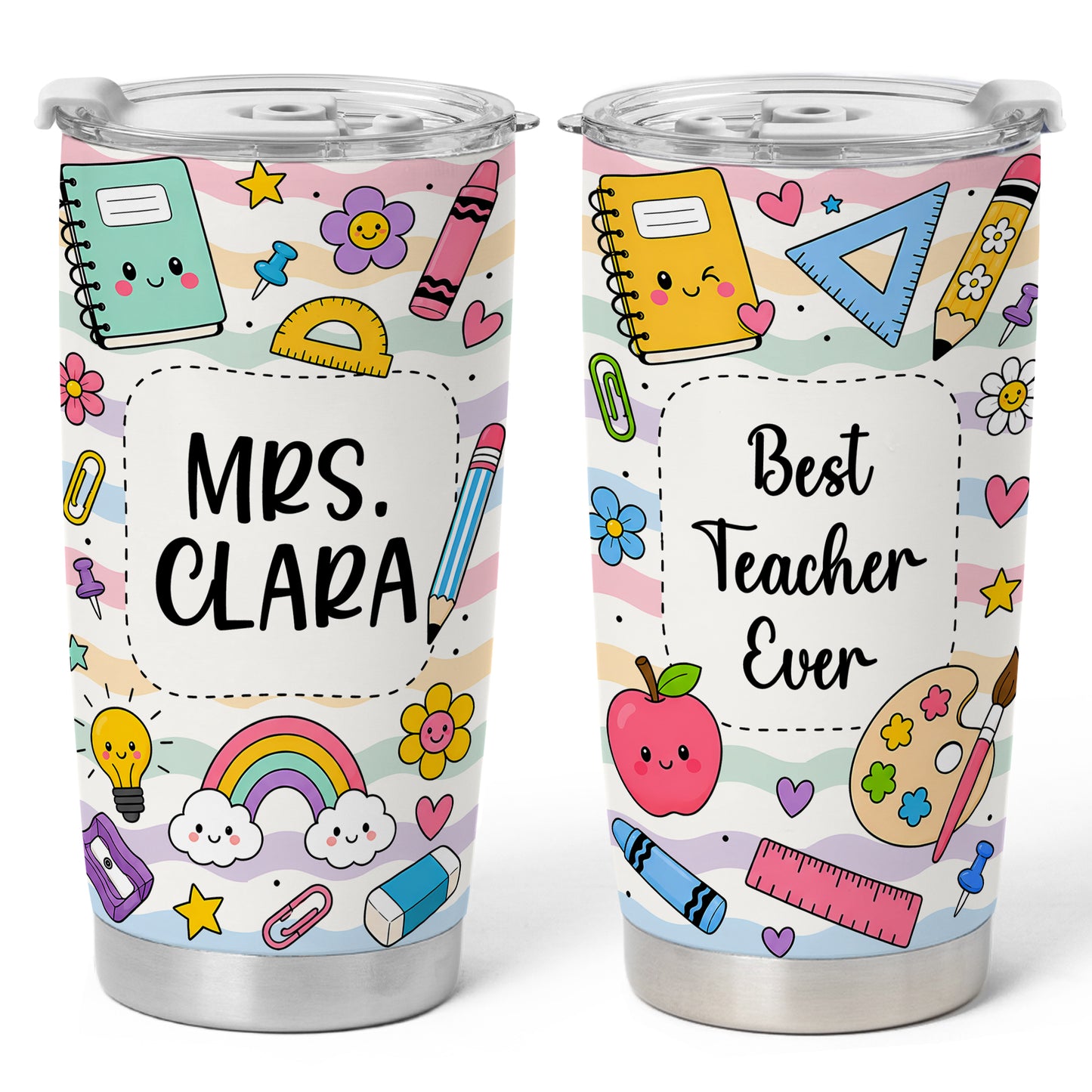 Best Teacher Ever Colorful Tumbler - Custom Teacher Name Travel Mug - Back To School Gift