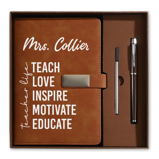 Teach Love Inspire Motivate Educate Teacher Journal Gift Set - Custom Name Leather Notebook with Pen - Teacher Appreciation Gift