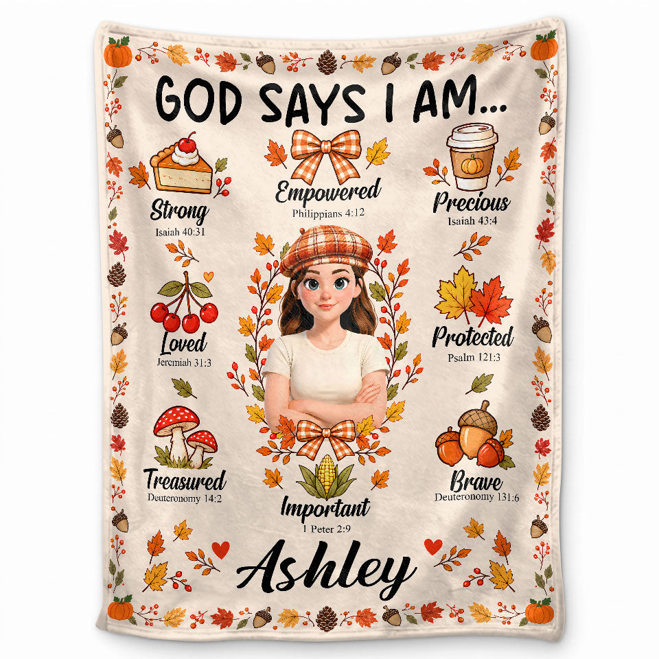 Personalized Thanksgiving Blanket - God Says I Am - Fall Gift for Women, Self Gift
