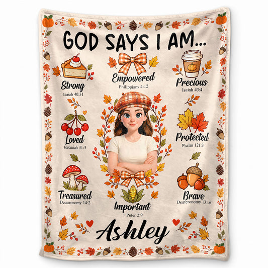Personalized Thanksgiving Blanket - God Says I Am - Fall Gift for Women, Self Gift