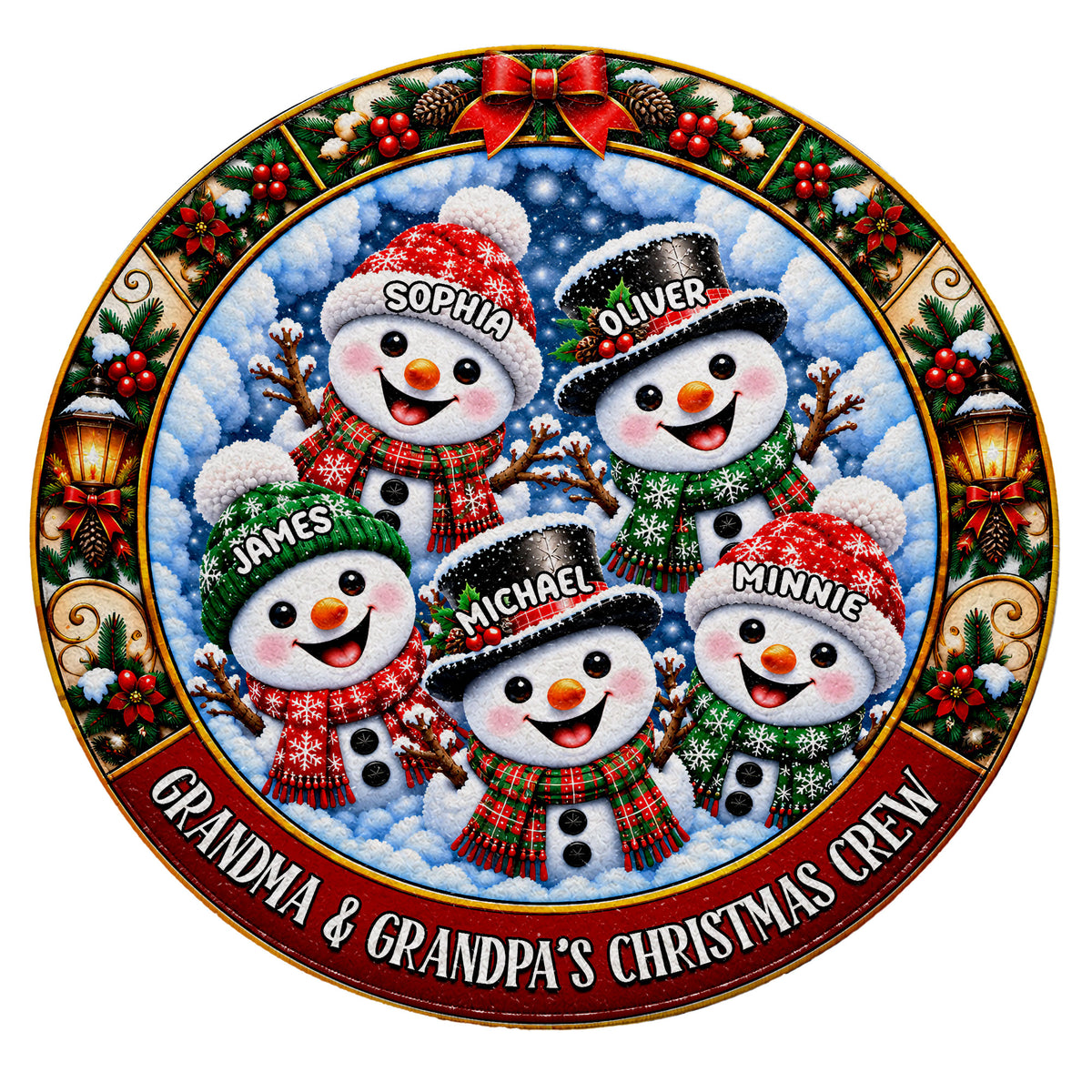 Personalized Christmas Round Rug - Snowman Christmas Crew 3D Effect Rug - Christmas Gift for Grandparents