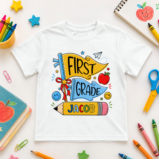 Personalized Back To School Shirt - Colorful Pennant Custom Grade & Name Kids T-Shirt - First Day of School Gift for Boys & Girls