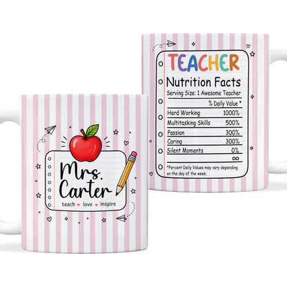 Back To School - Personalized Teacher Mug - Teacher Nutrition Facts - Custom Name Striped Mug, Gift for Teachers