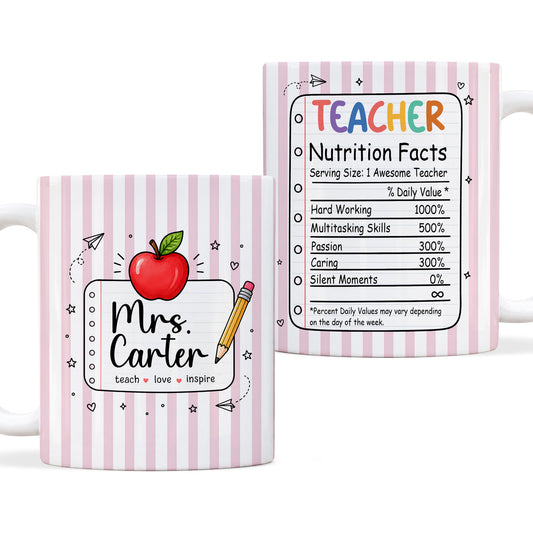 Back To School - Personalized Teacher Mug - Teacher Nutrition Facts - Custom Name Striped Mug, Gift for Teachers
