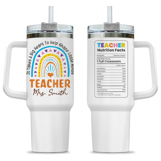 Personalized Teacher Tumbler with Handle - Custom Teacher Name Gift - Rainbow School Travel Cup with Straw - Appreciation Gift for Teachers