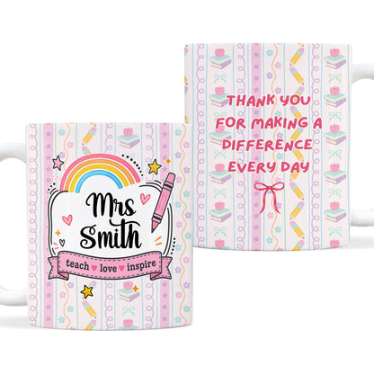 Personalized Teach Love Inspire Teacher Mug with Custom Name, Teacher Appreciation Coffee Mug, Thank You Teacher Gift, Back to School Gift