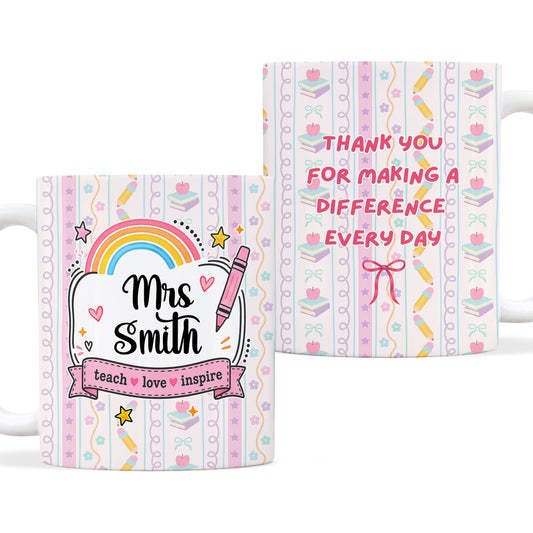 Personalized Teach Love Inspire Teacher Mug with Custom Name, Teacher Appreciation Coffee Mug, Thank You Teacher Gift, Back to School Gift