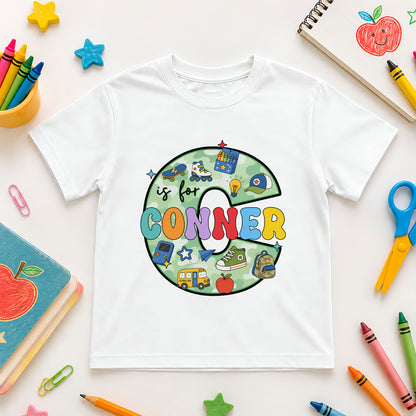Camo Alphabet School Shirt - Custom Name & Grade Kids T-Shirt - Back To School Gift for Boys