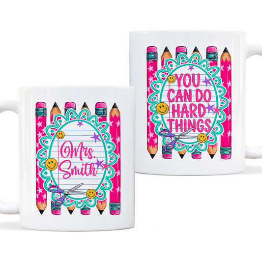 Personalized Teacher Student Coffee Mug with Custom Name, You Can Do Hard Things Mug, Striped Color School Gift, Back to School Cup