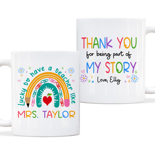 Rainbow Teacher Mug - Custom Teacher & Student Name Coffee Mug - Thank You Teacher Appreciation Gift
