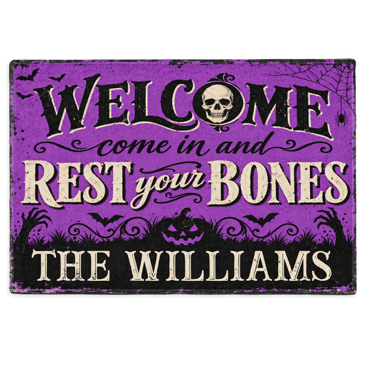 Personalized Halloween Family Name Door Mat - Welcome in Rest Your Bones - Spooky Porch Decor, Funny Halloween Gift for Family