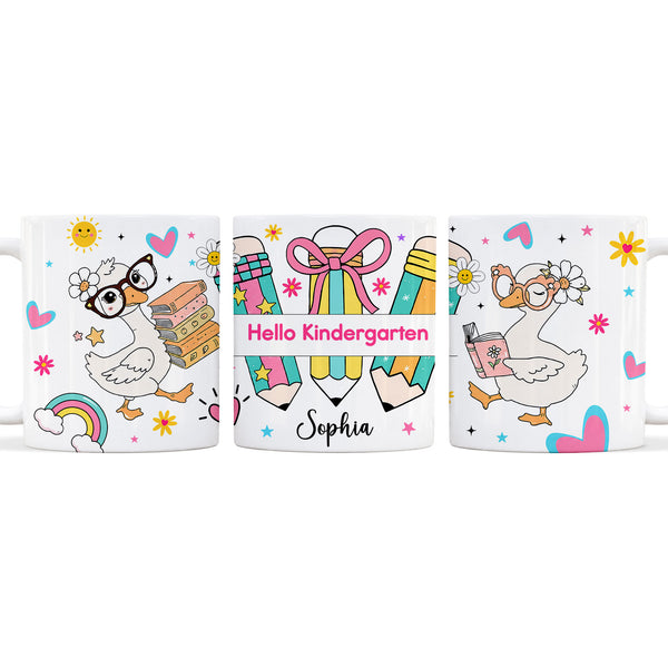 Personalized Hello Kindergarten Mug with Custom Grade & Name, Cute Goose School Coffee Mug, First Day of School Gift for Kids Students