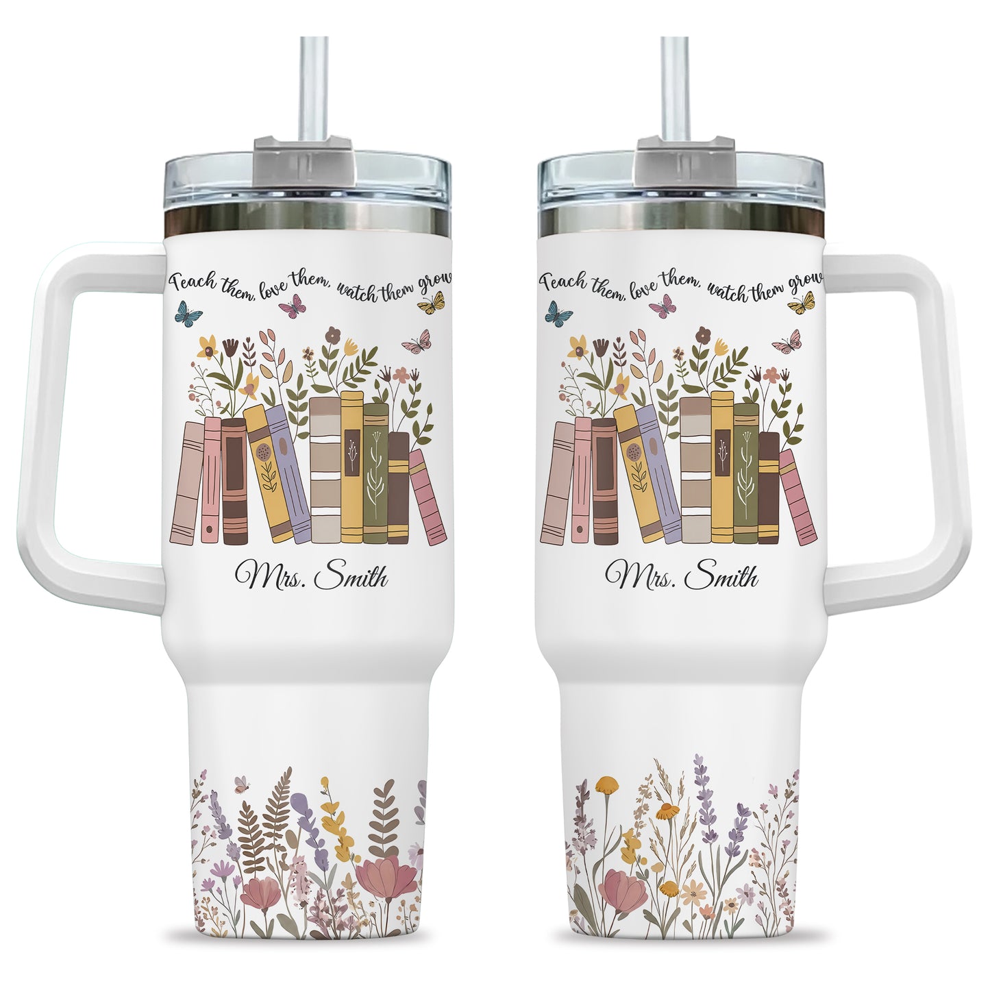 Personalized 40oz Teacher Tumbler with Handle & Straw – Custom Floral Teacher Gift for Back to School, First Day of School & Teacher Appreciation