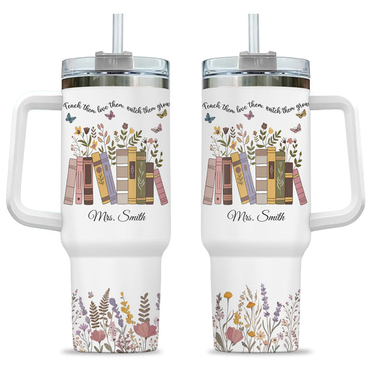 Personalized 40oz Teacher Tumbler with Handle & Straw, Custom Floral Teacher Cup Gift for Back to School, Teacher Appreciation