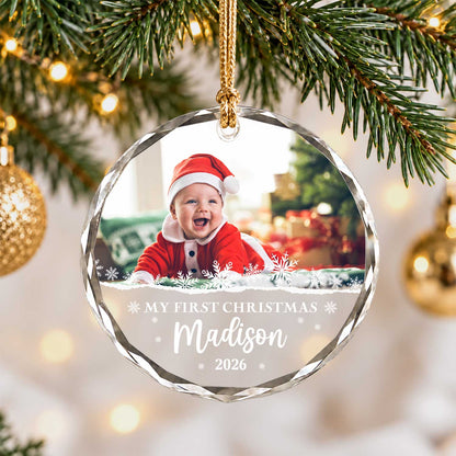 Personalized Christmas Glass Ornament - Custom Photo Baby's First Christmas 2026 - New Born Baby Christmas Gift
