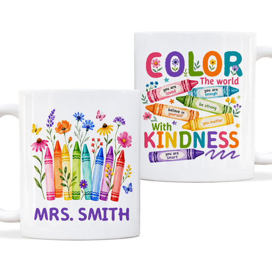 Back To School - Personalized Teacher Mug - Color The World With Kindness - Custom Name Coffee Mug, Appreciation Gift for Teachers