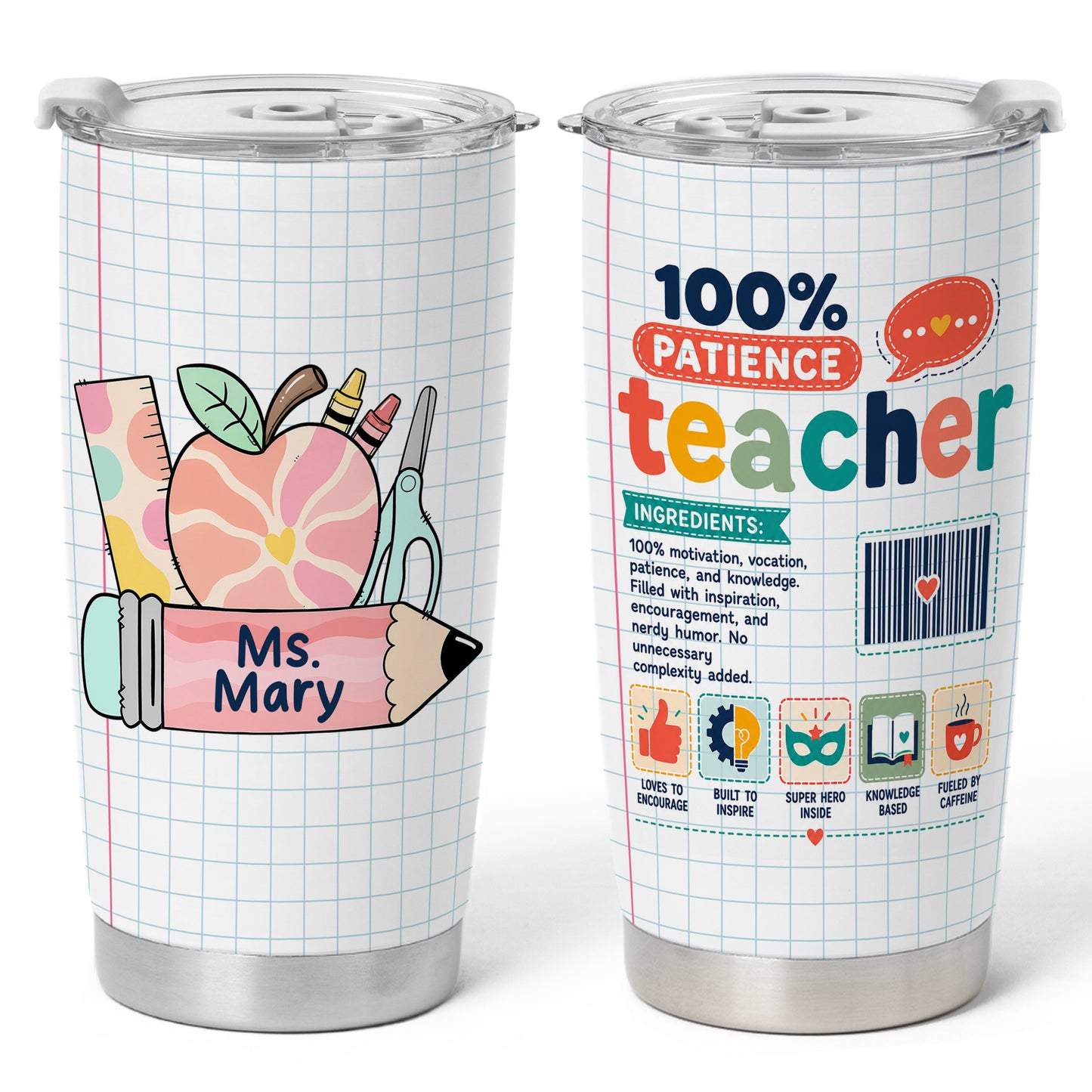 Teacher Ingredients Tumbler - Personalized Teacher Stainless Steel Tumbler, Funny Gift for Teachers