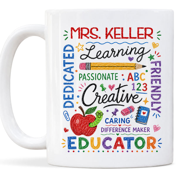 Crayon Teacher Word Art Mug - Personalized Teacher Name Coffee Mug - Teacher Appreciation Gift