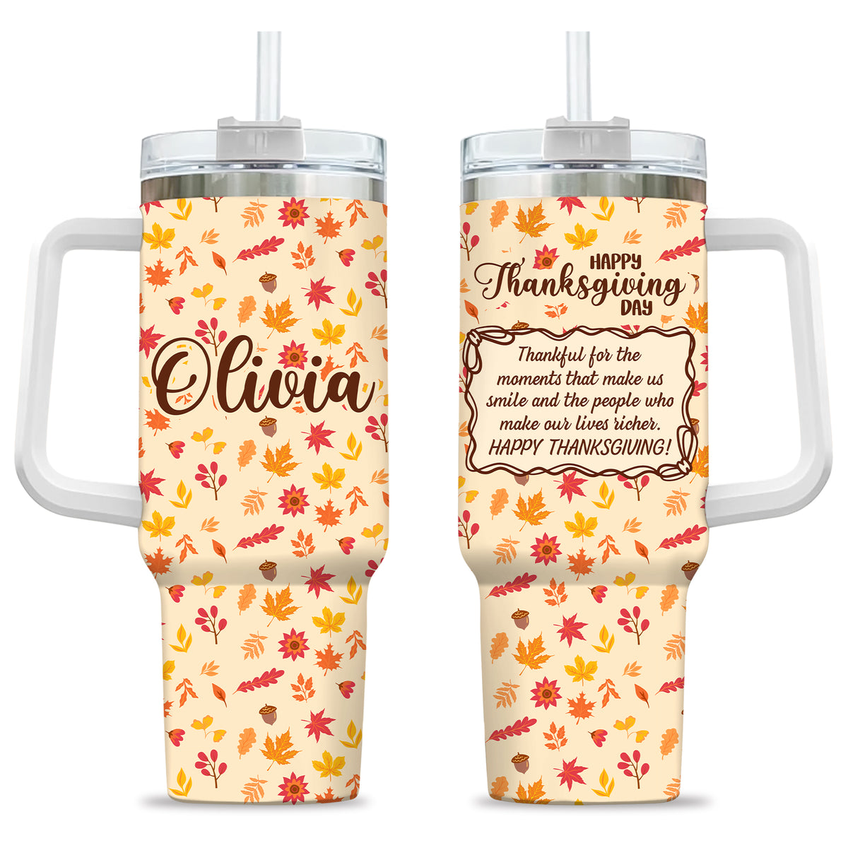 Personalized Thanksgiving Tumbler with Handle - Custom Name 40oz Travel Tumbler - Gift for Friends, Coworkers
