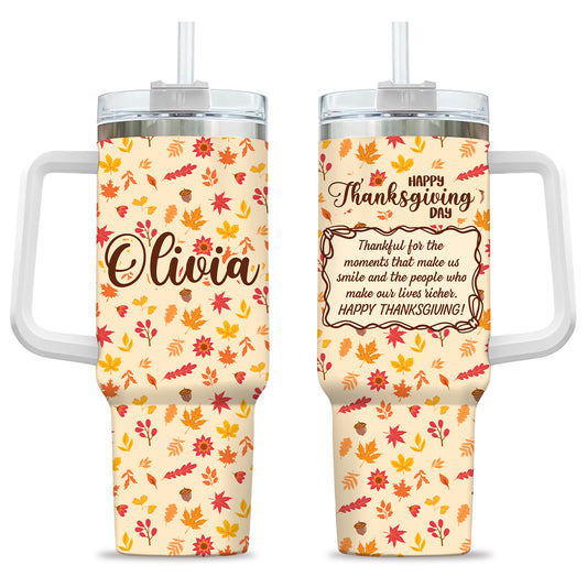 Personalized Thanksgiving Tumbler with Handle - Custom Name 40oz Travel Tumbler - Gift for Friends, Coworkers